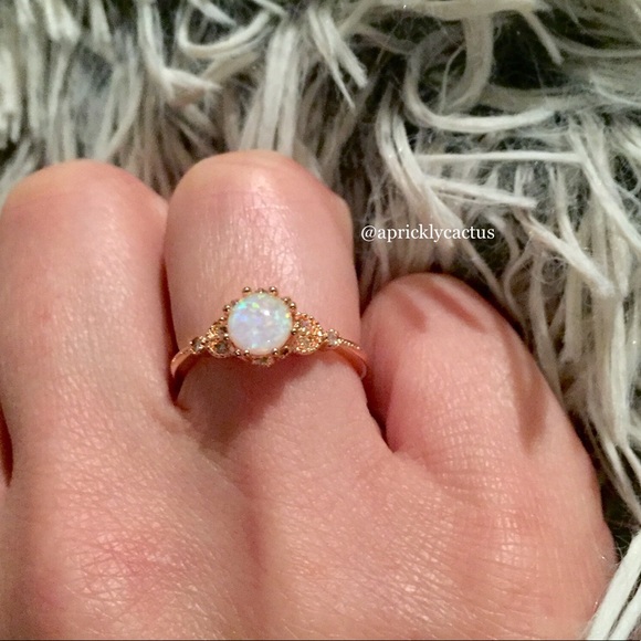 Gold Round Cut Opal Silver Ring Sterling Silver - Picture 2 of 7